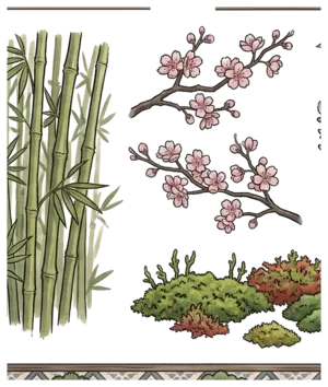 Individually cropped watercolor bamboo and flowering branch