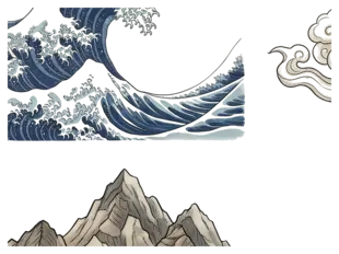 Individually cropped watercolor ocean wave and mountains