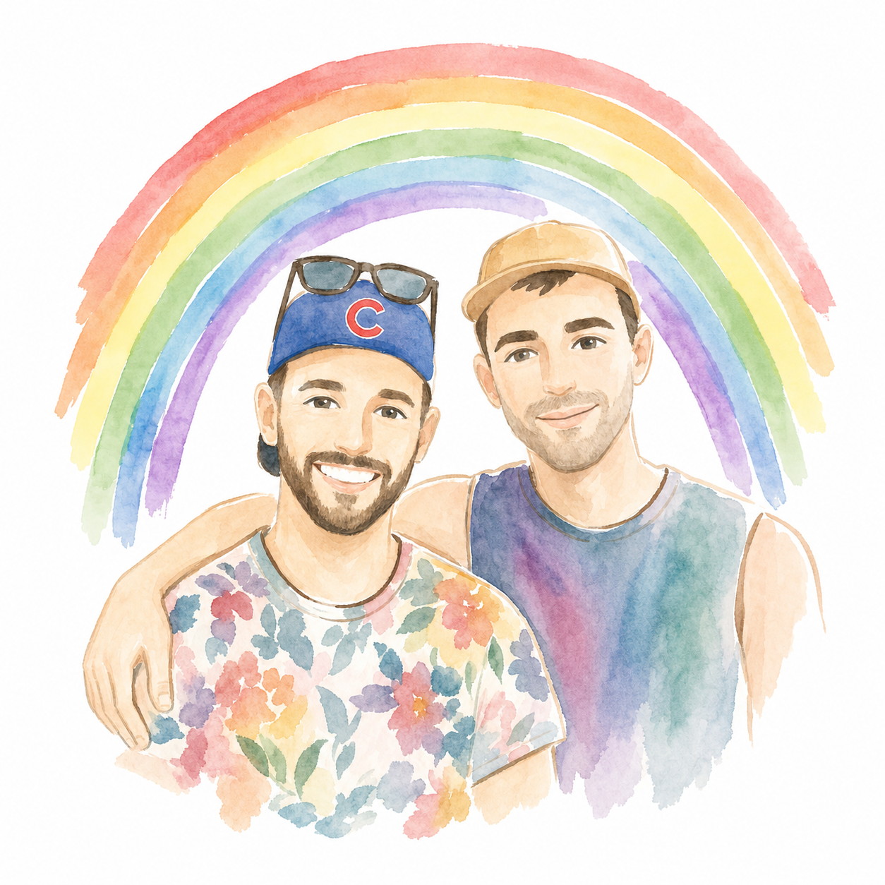 Watercolor of Joe and Blaine beneath a rainbow.
