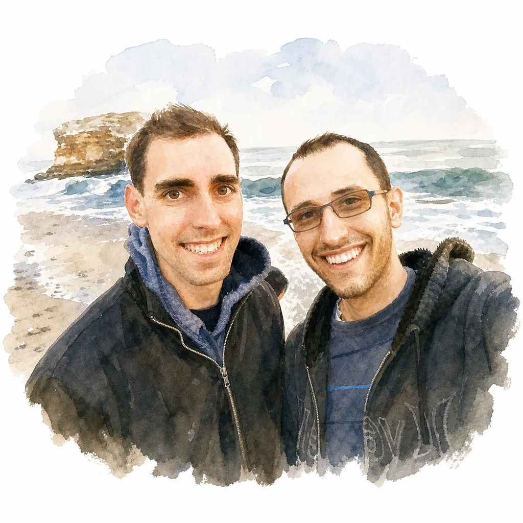 Watercolor portrait of Joe and Blaine together, memory 39.