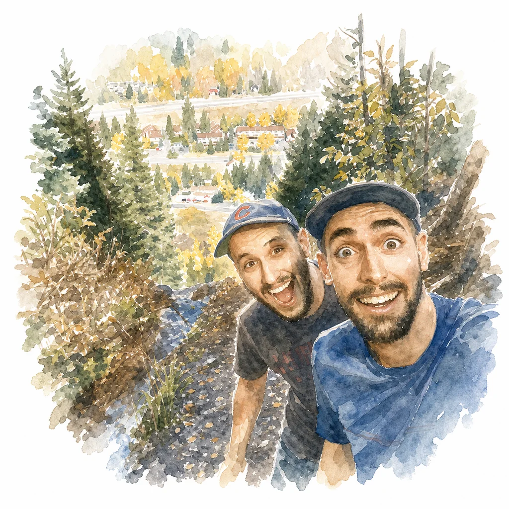 Watercolor portrait of Joe and Blaine together, memory 42.