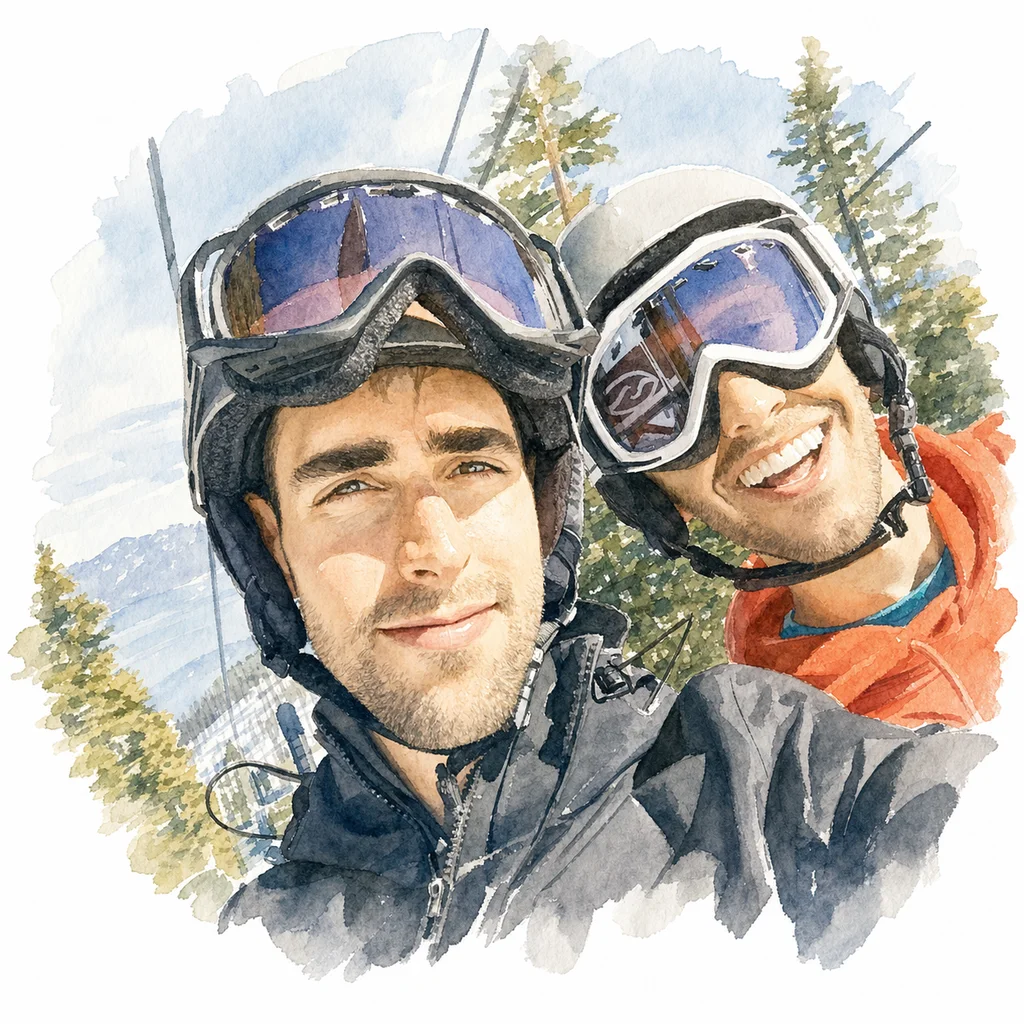 Watercolor portrait of Joe and Blaine together, memory 43.