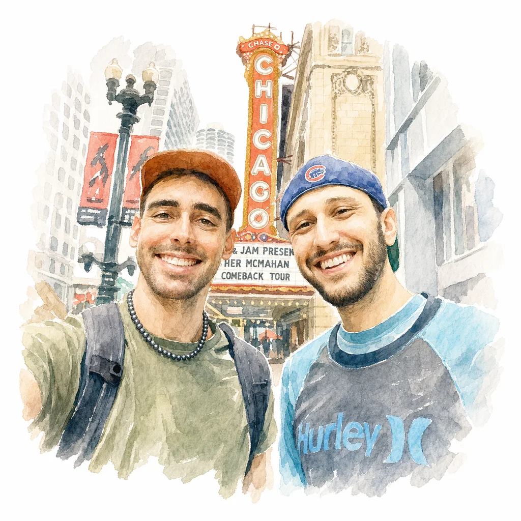 Watercolor portrait of Joe and Blaine together, memory 44.