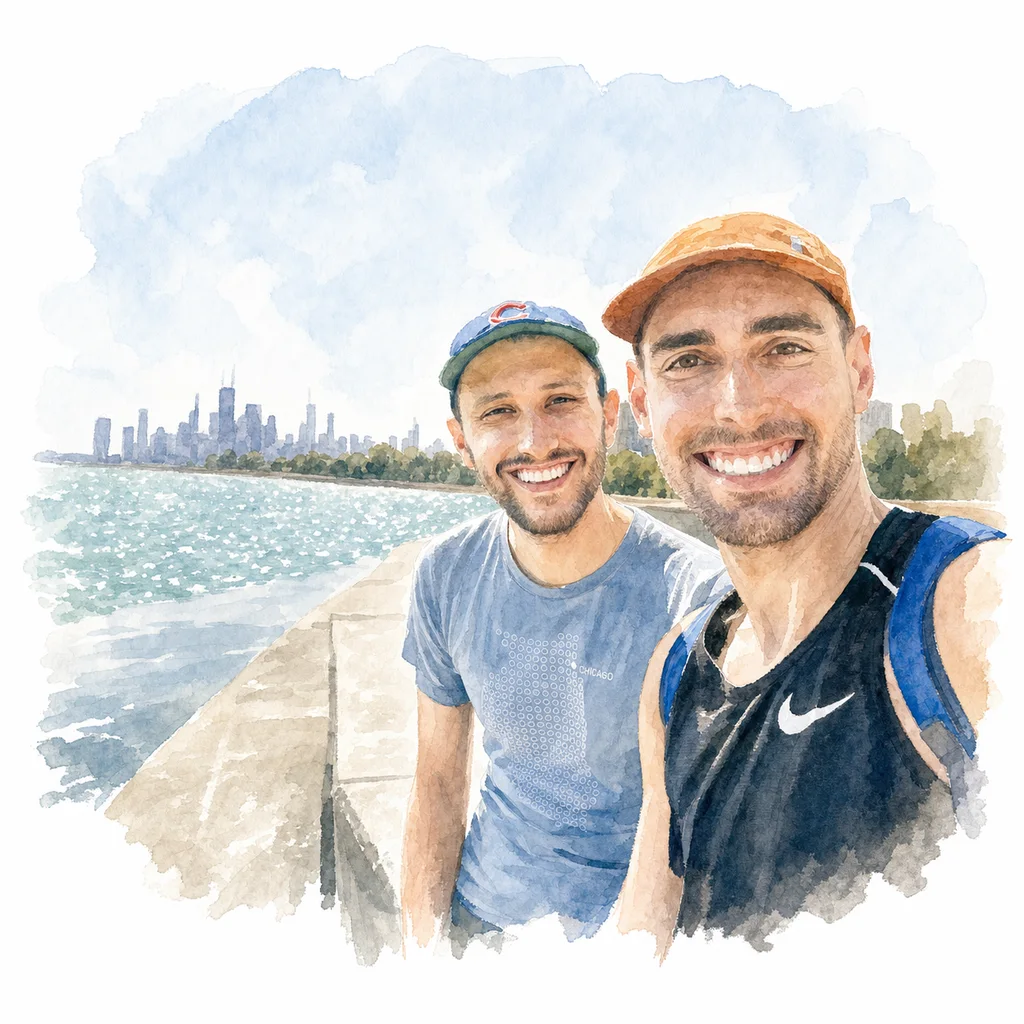 Watercolor portrait of Joe and Blaine together, memory 45.