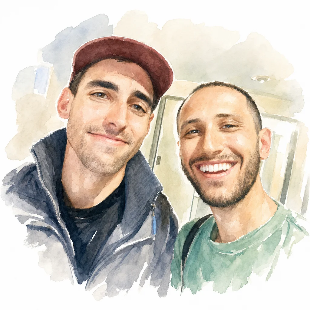 Watercolor portrait of Joe and Blaine together, memory 46.