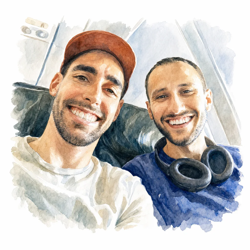Watercolor portrait of Joe and Blaine together, memory 47.