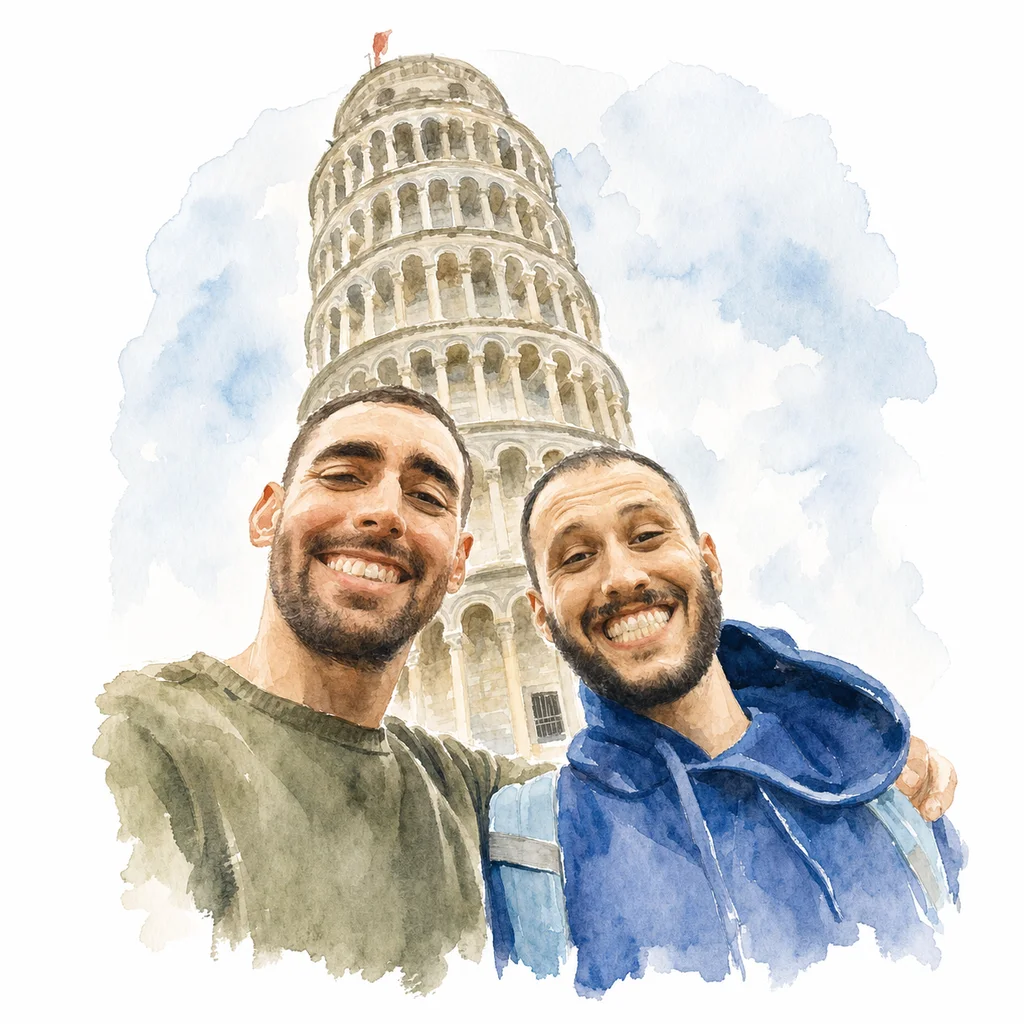 Watercolor portrait of Joe and Blaine together, memory 48.