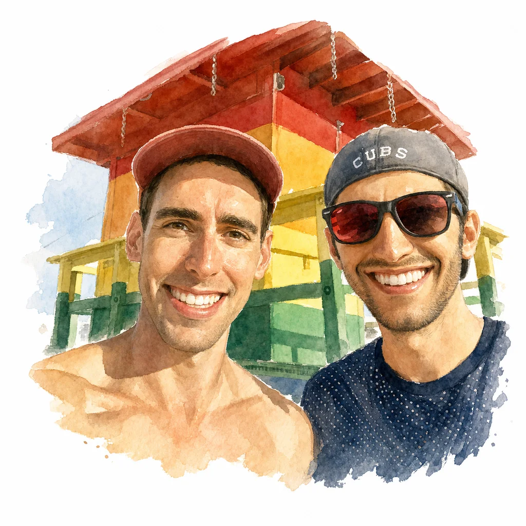 Watercolor portrait of Joe and Blaine together, memory 50.