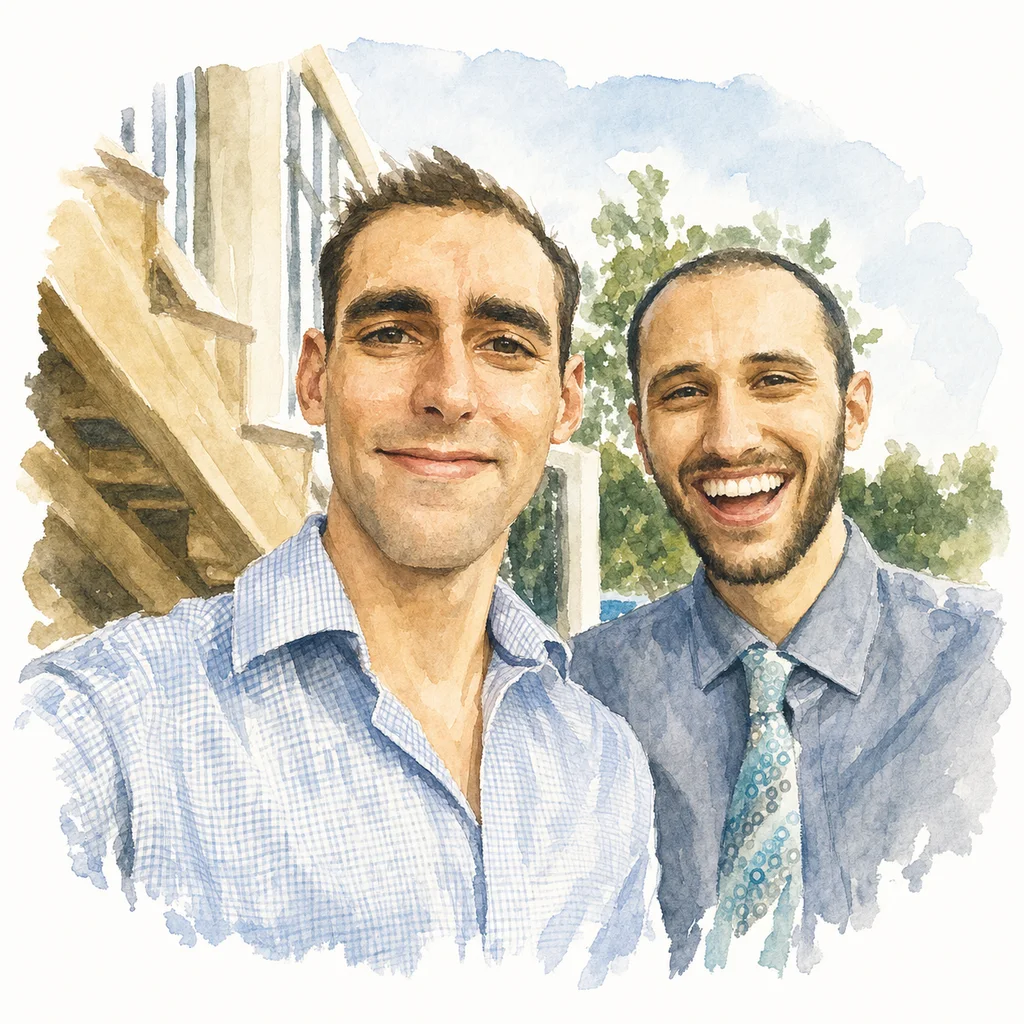 Watercolor portrait of Joe and Blaine together, memory 51.