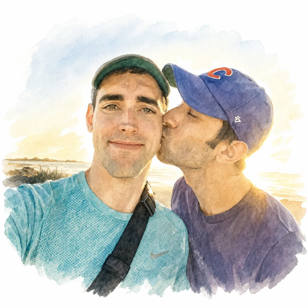 Watercolor portrait of Joe and Blaine together, memory 52.