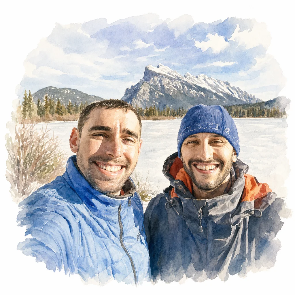 Watercolor portrait of Joe and Blaine together, memory 53.