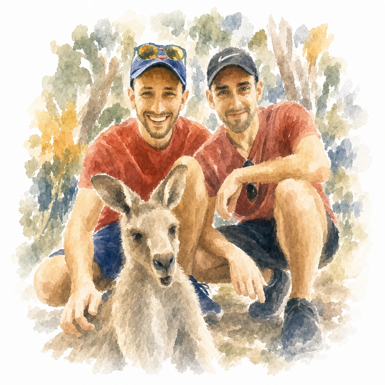 Loose watercolor portrait of Joe and Blaine crouching together with a small kangaroo, memory 56.