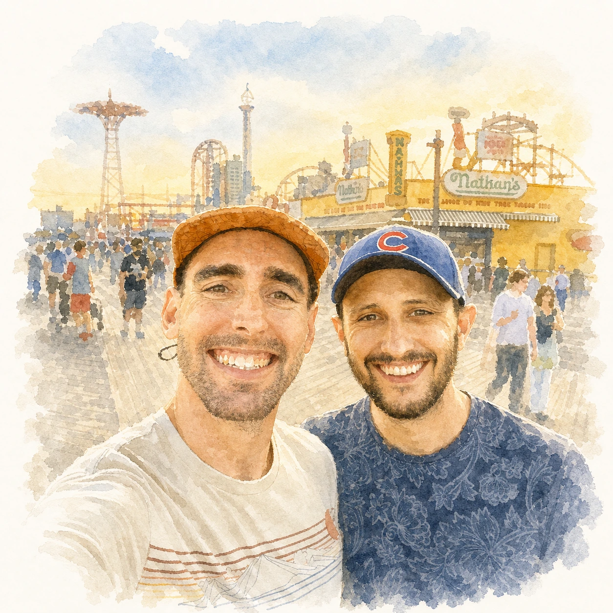 Loose watercolor portrait of Joe and Blaine together at Coney Island, memory 57.