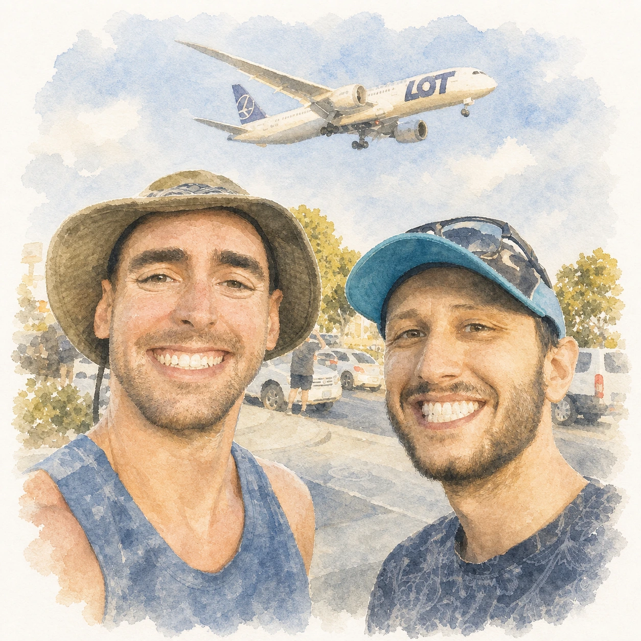 Loose watercolor portrait of Joe and Blaine together beneath an airplane at LAX, memory 58.