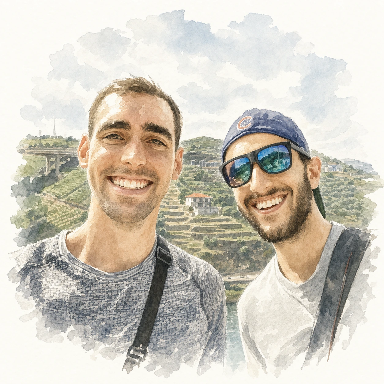 Loose watercolor portrait of Joe and Blaine together in the Douro Valley, memory 59.
