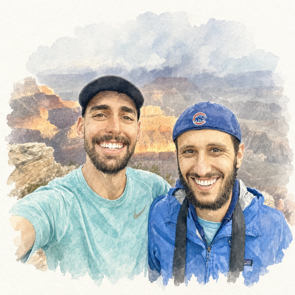 Loose watercolor portrait of Joe and Blaine together at the Grand Canyon, memory 60.