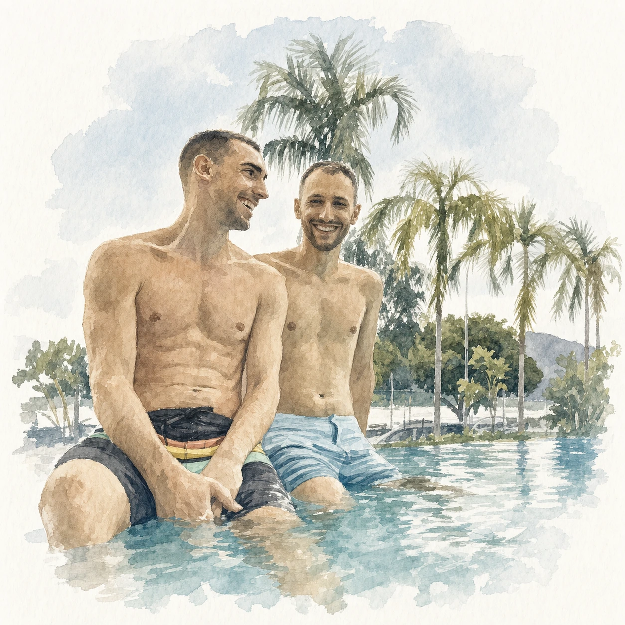 Loose watercolor portrait of Joe and Blaine together in a tropical pool in Cairns, memory 61.