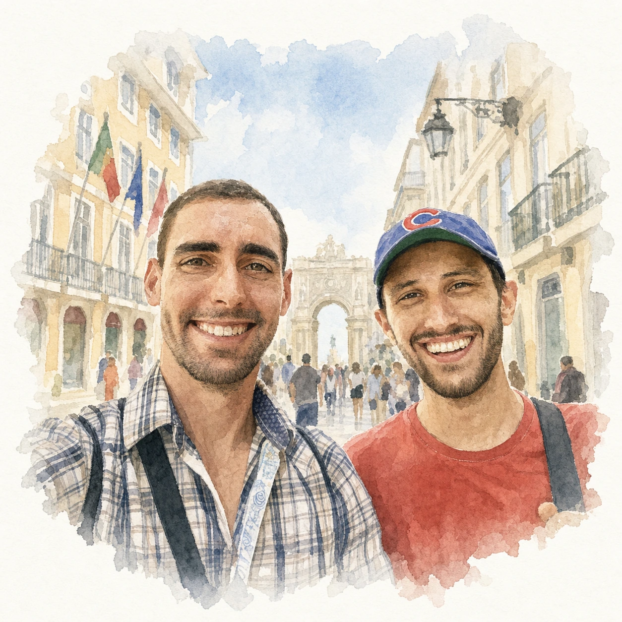 Loose watercolor portrait of Joe and Blaine together in Lisbon, memory 62.