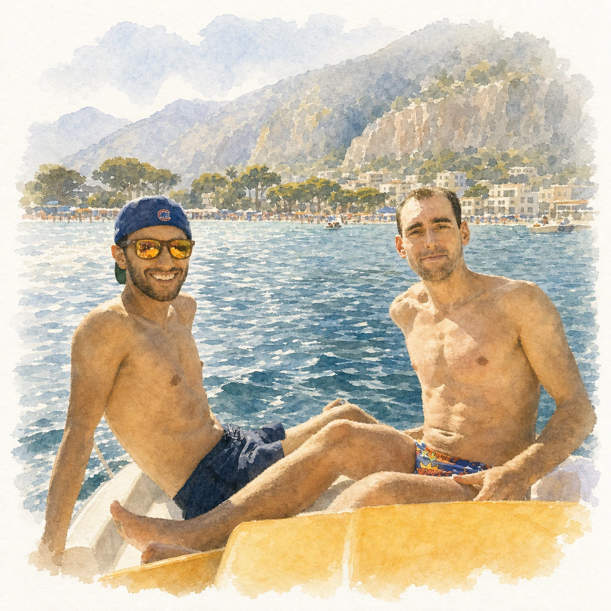Loose watercolor portrait of Joe and Blaine together on a boat at Mondello, memory 63.