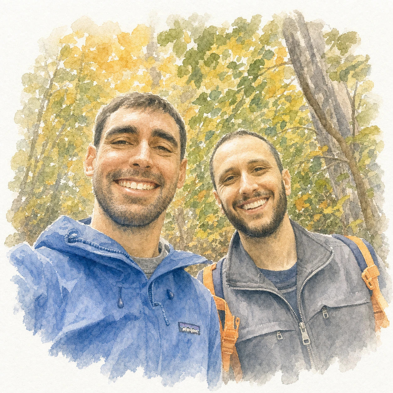 Loose watercolor portrait of Joe and Blaine together in Niagara Glen, memory 64.