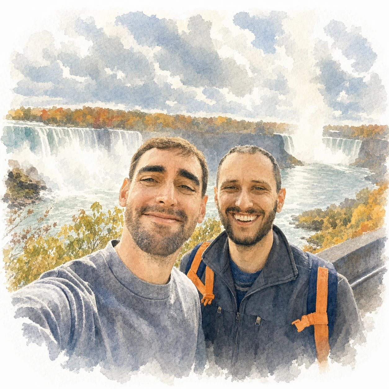 Loose watercolor portrait of Joe and Blaine together at Niagara Falls, memory 65.