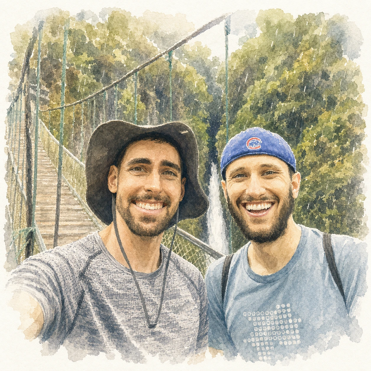 Loose watercolor portrait of Joe and Blaine together at Pailón del Diablo, memory 66.