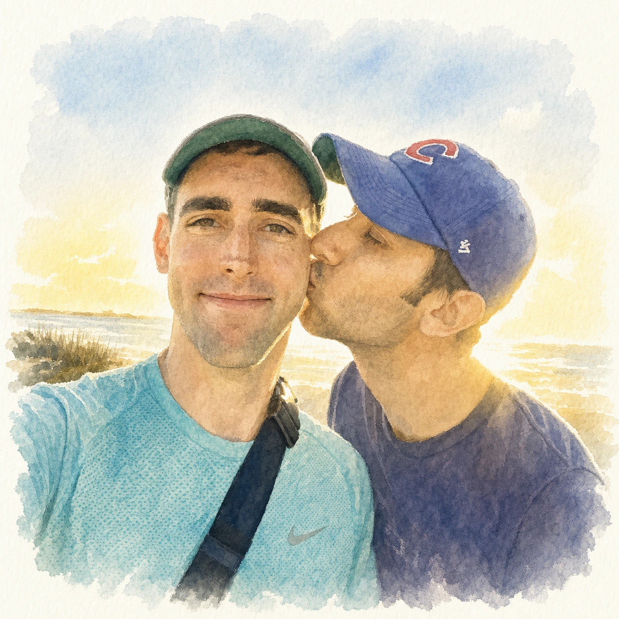 Loose watercolor portrait of Joe and Blaine sharing a kiss at Monterey Bay, memory 67.
