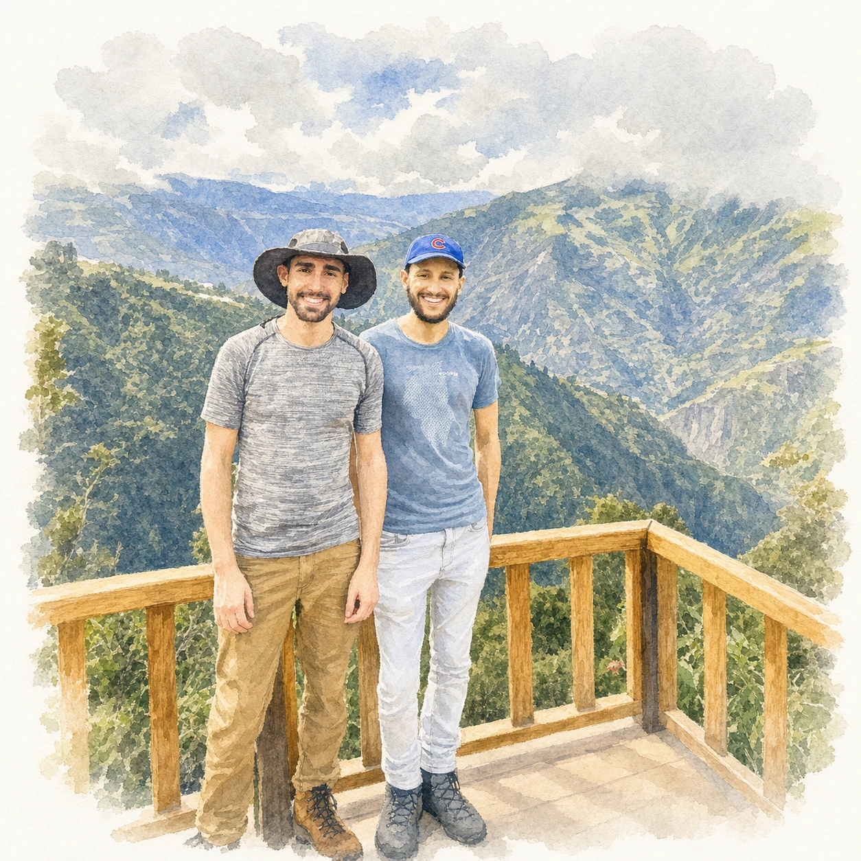 Loose watercolor portrait of Joe and Blaine together above Baños, memory 68.
