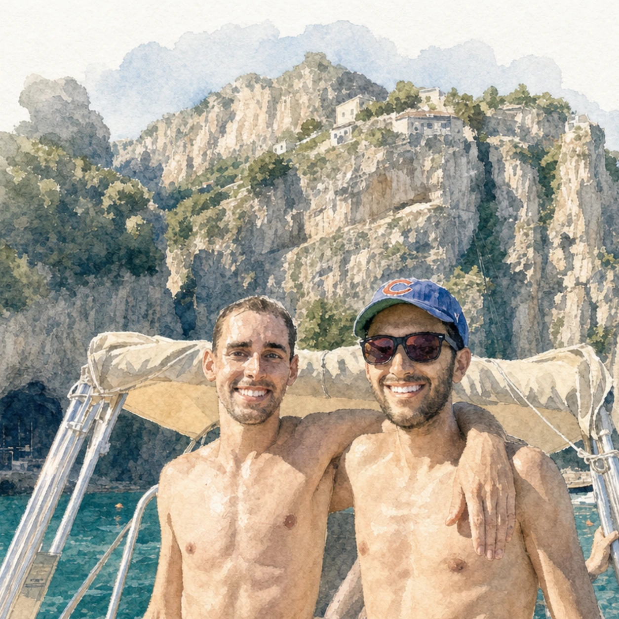 Loose watercolor portrait of Joe and Blaine together on a boat along the Amalfi Coast, memory 69.