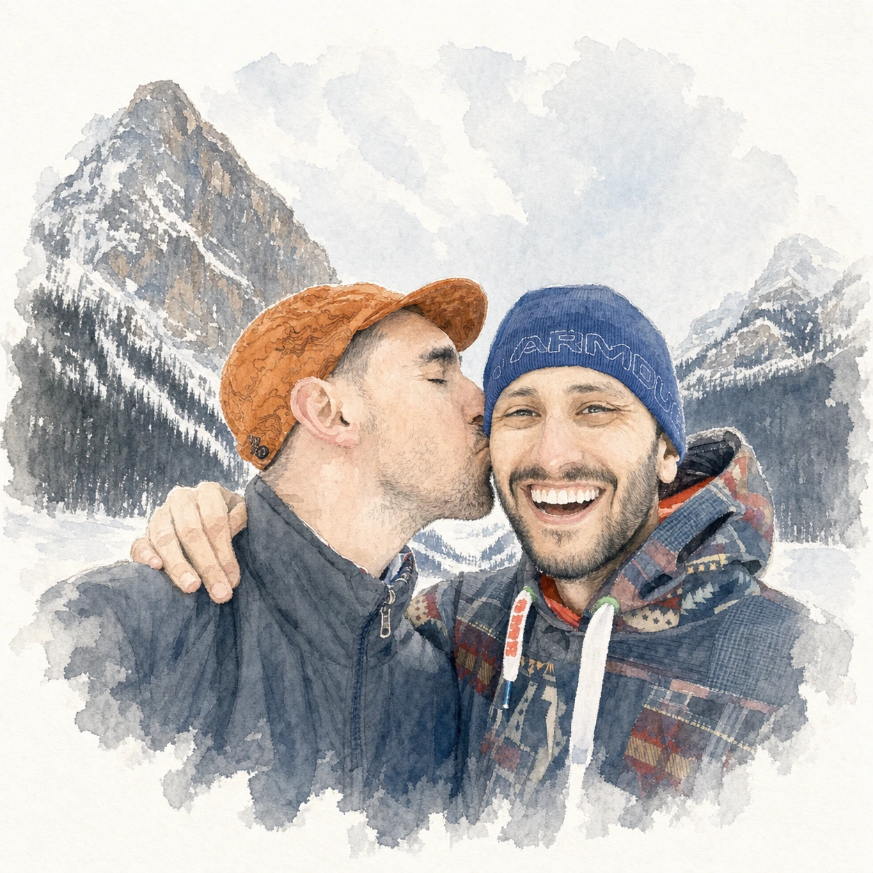 Loose watercolor portrait of Joe and Blaine sharing a kiss at Lake Louise, memory 70.