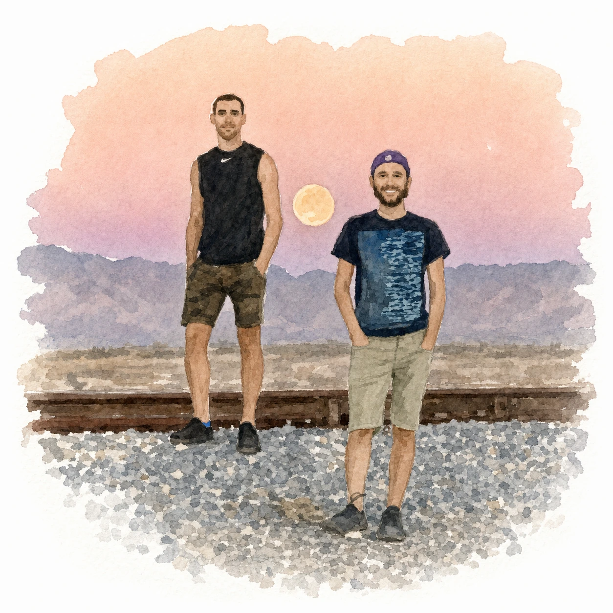 Loose watercolor portrait of Joe and Blaine together beneath a full moon at the Salton Sea, memory 71.