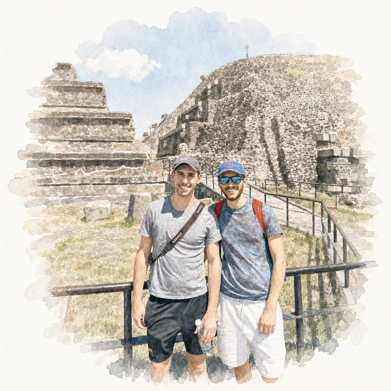 Loose watercolor portrait of Joe and Blaine together at Teotihuacan, memory 72.