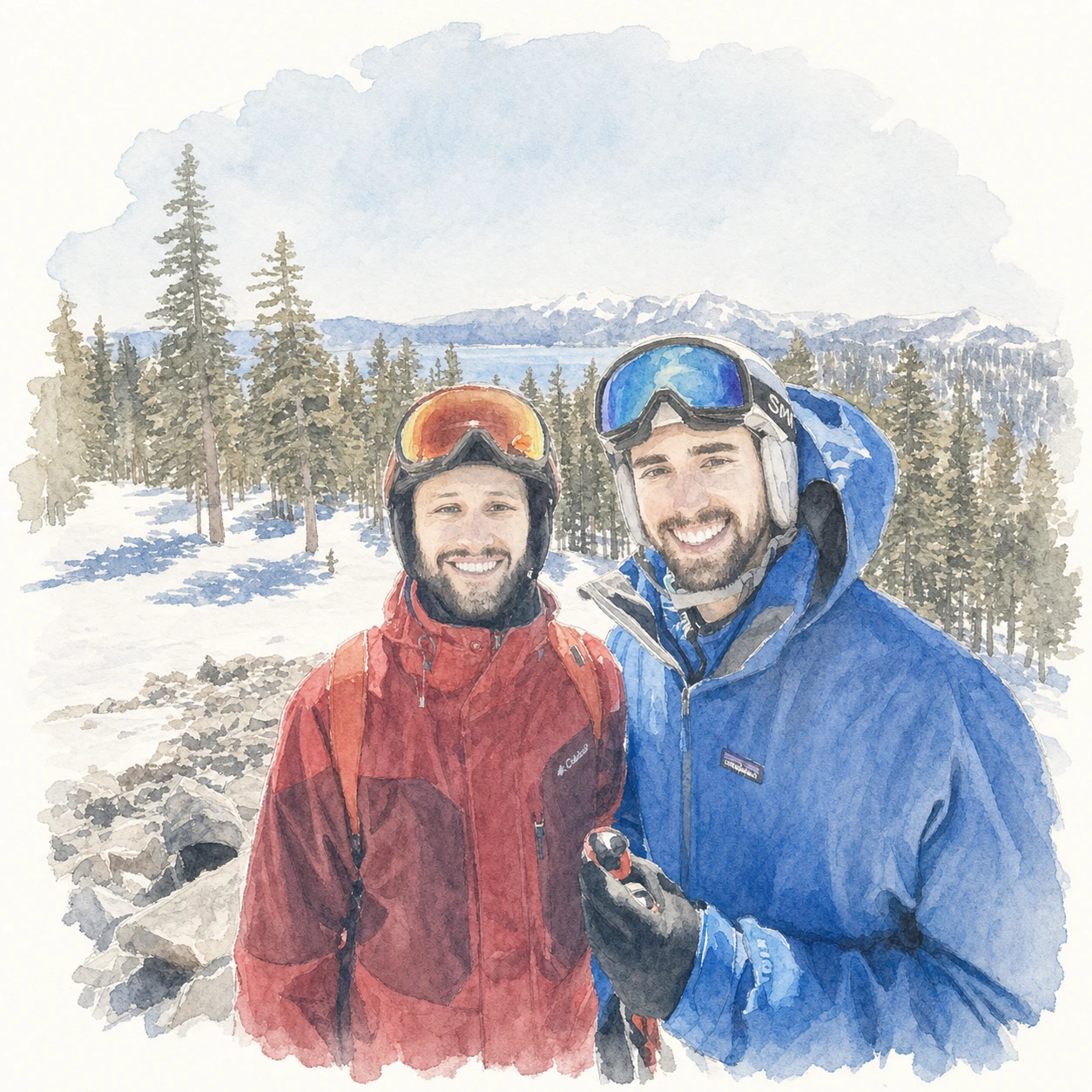 Loose watercolor portrait of Joe and Blaine together skiing above Lake Tahoe, memory 73.