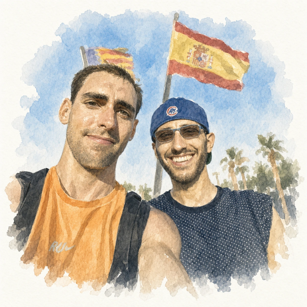 Loose watercolor portrait of Joe and Blaine together beneath Spanish and Catalan flags, memory 74.