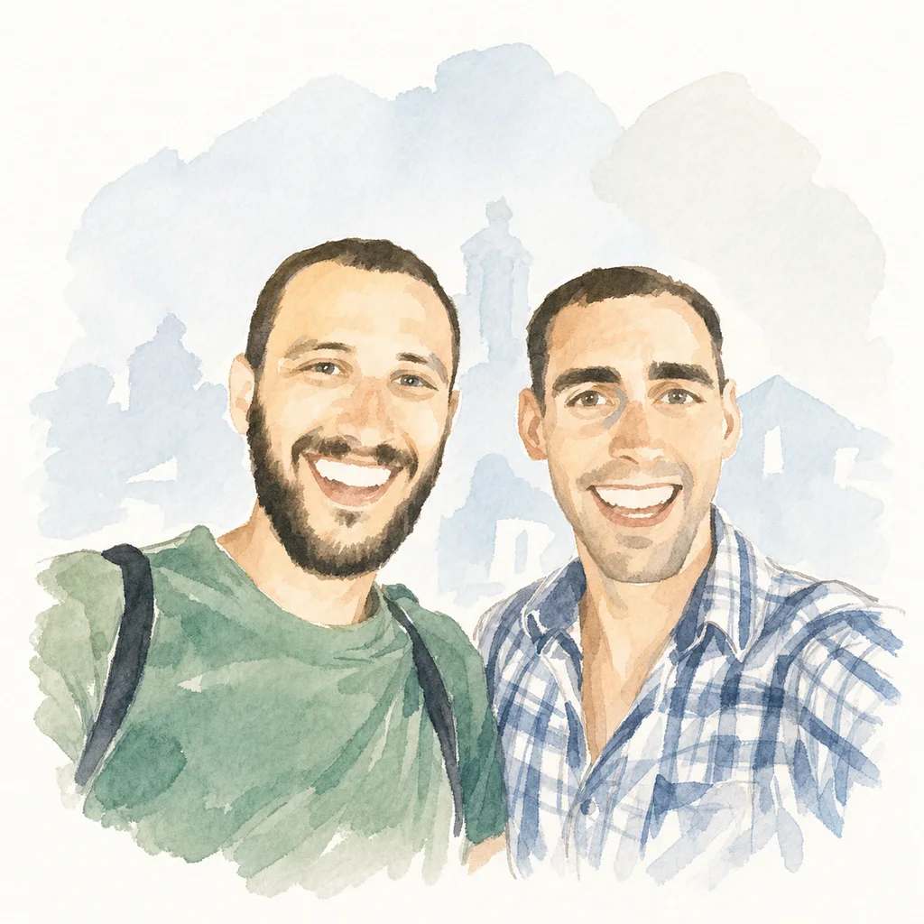 Watercolor portrait of Joe and Blaine together, memory 5.