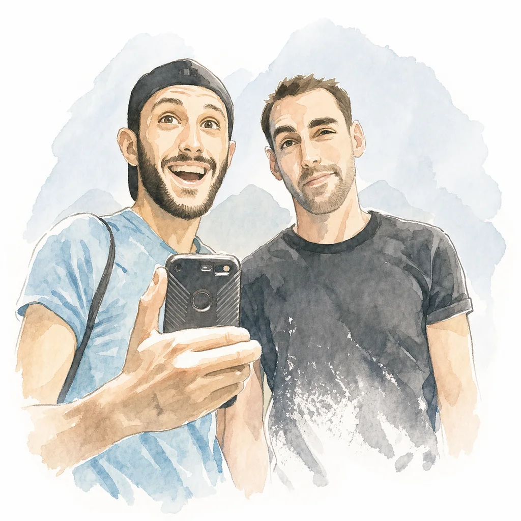Watercolor portrait of Joe and Blaine together, memory 6.