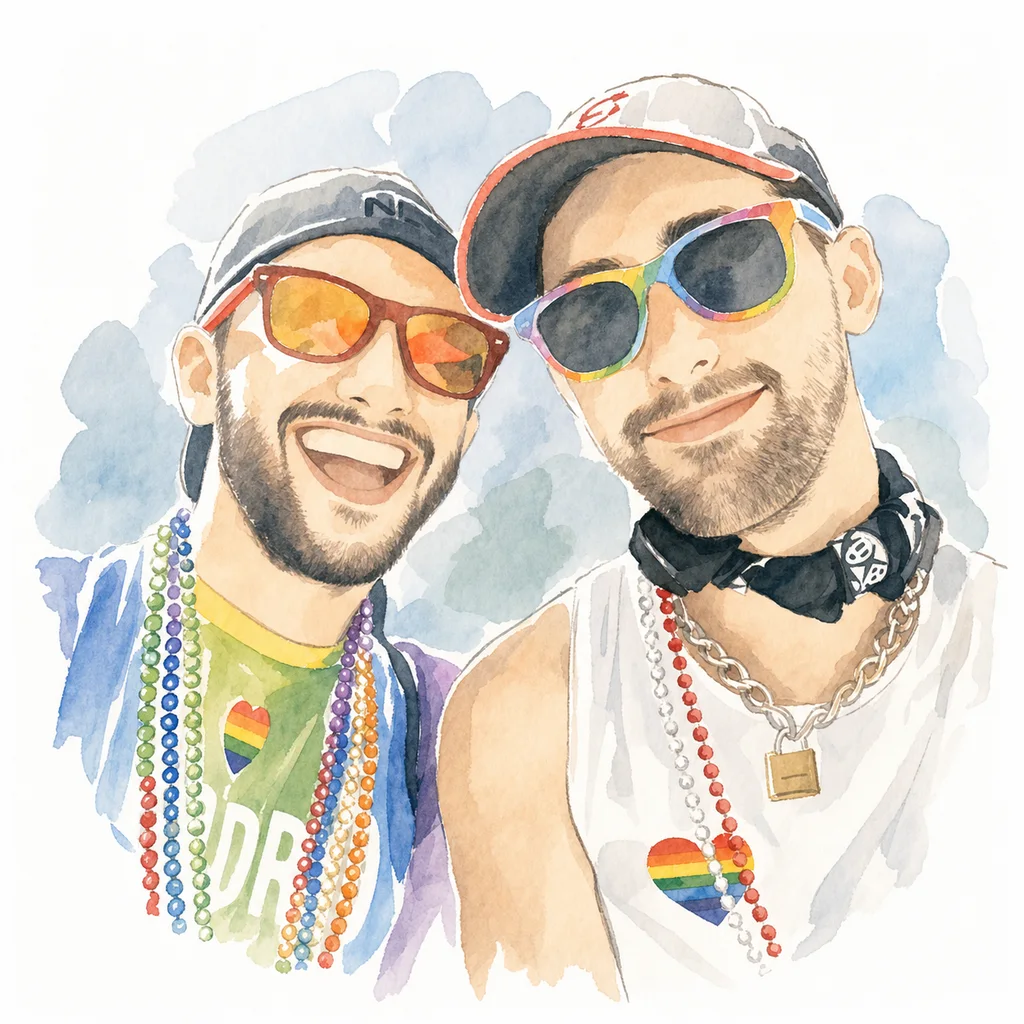 Watercolor portrait of Joe and Blaine together, memory 14.