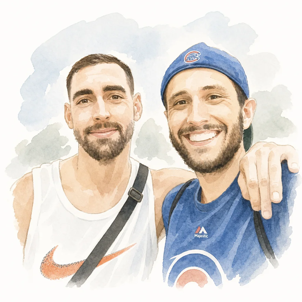 Watercolor portrait of Joe and Blaine together, memory 23.