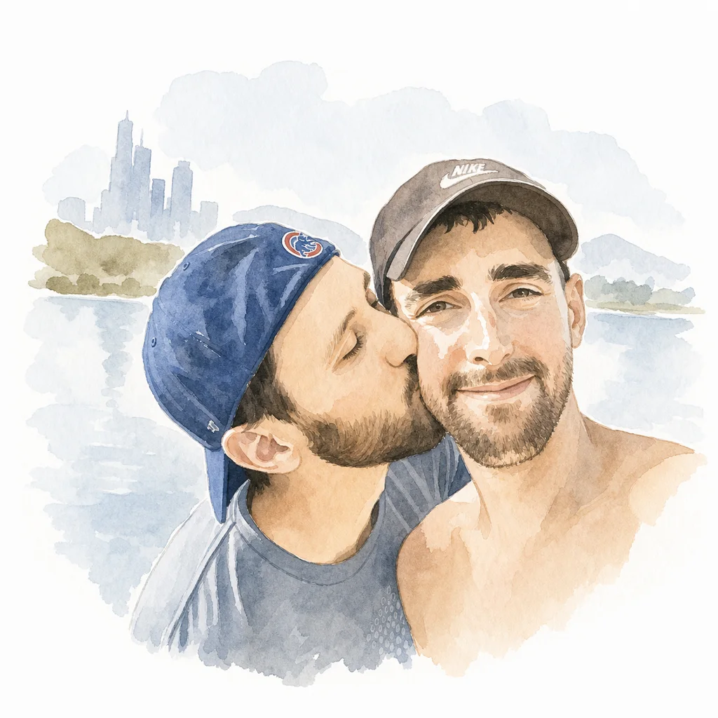 Watercolor portrait of Joe and Blaine together, memory 24.
