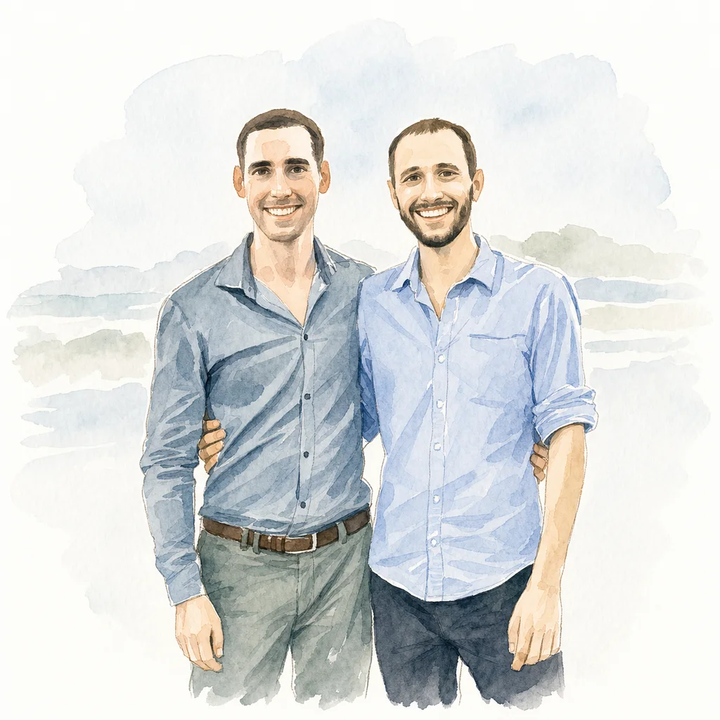 Watercolor portrait of Joe and Blaine together, memory 25.