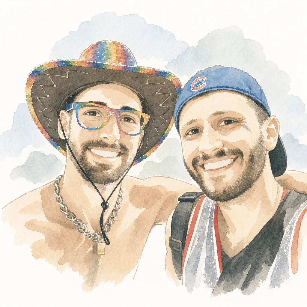 Watercolor portrait of Joe and Blaine together, memory 27.