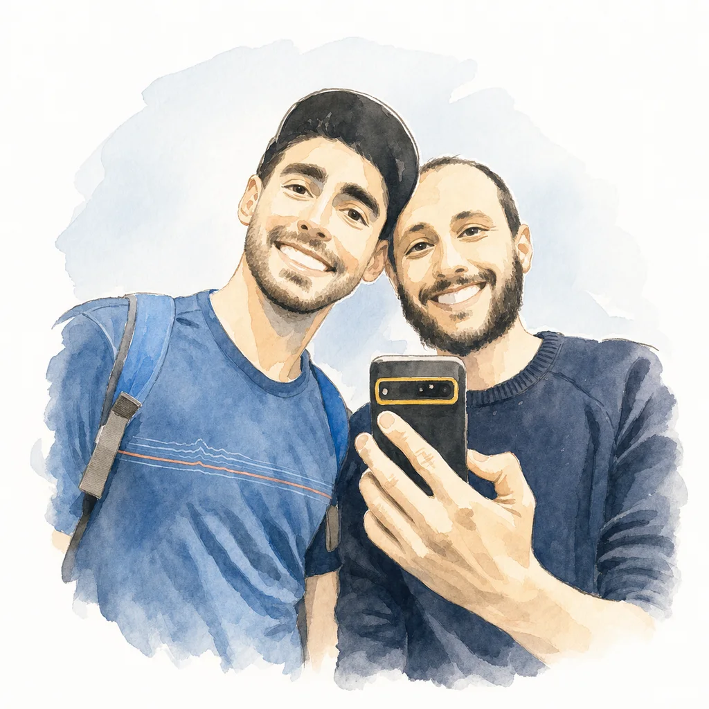 Watercolor portrait of Joe and Blaine together, memory 28.