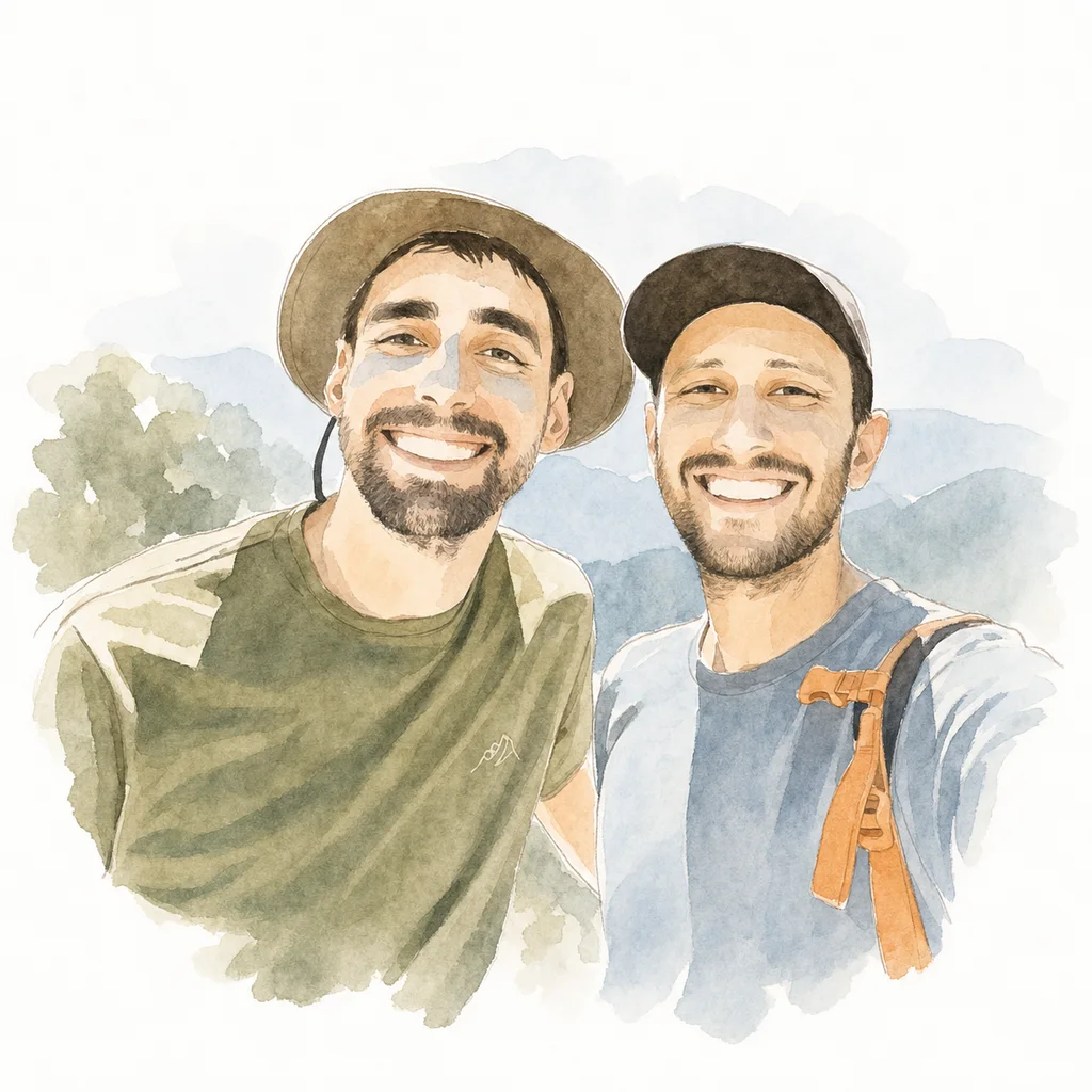 Watercolor portrait of Joe and Blaine together, memory 29.