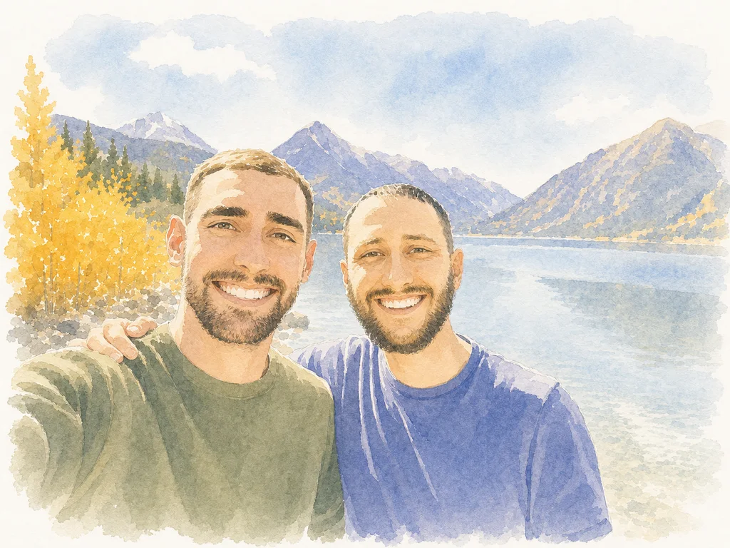 Simplified watercolor portrait of Joe and Blaine together, memory 30.