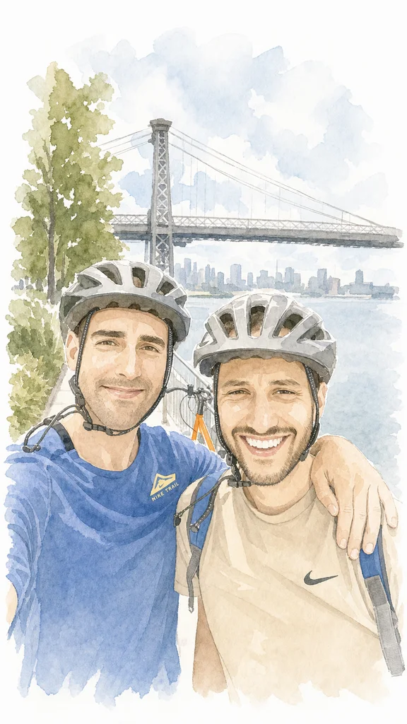 Simplified watercolor portrait of Joe and Blaine together, memory 31.