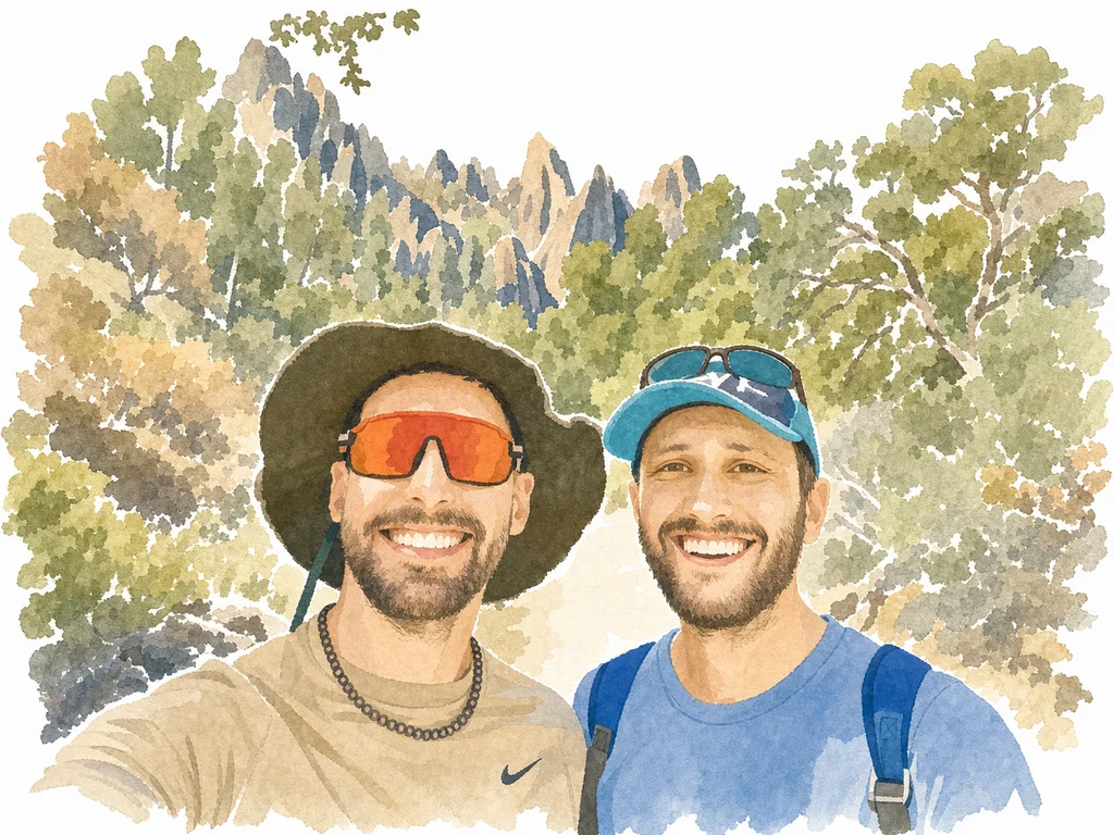 Simplified watercolor portrait of Joe and Blaine together, memory 32.