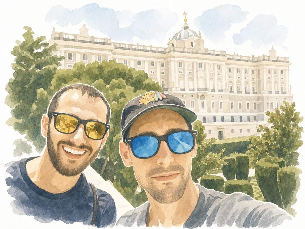 Simplified watercolor portrait of Joe and Blaine together, memory 33.