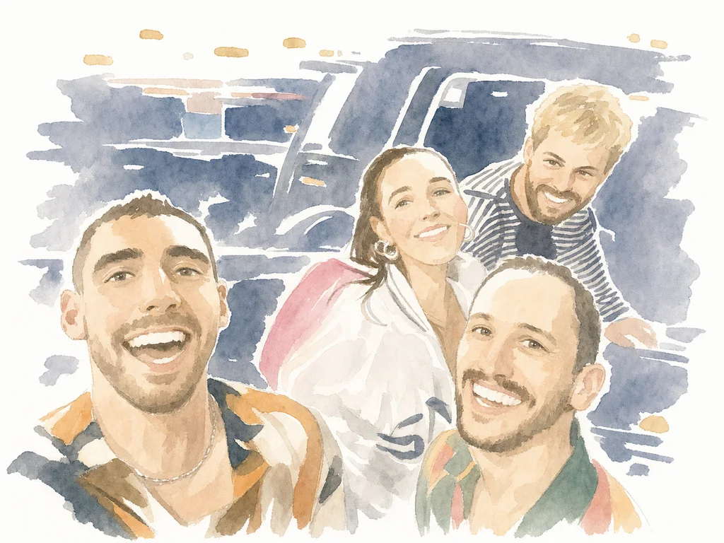 Simplified watercolor portrait of Joe and Blaine together, memory 34.