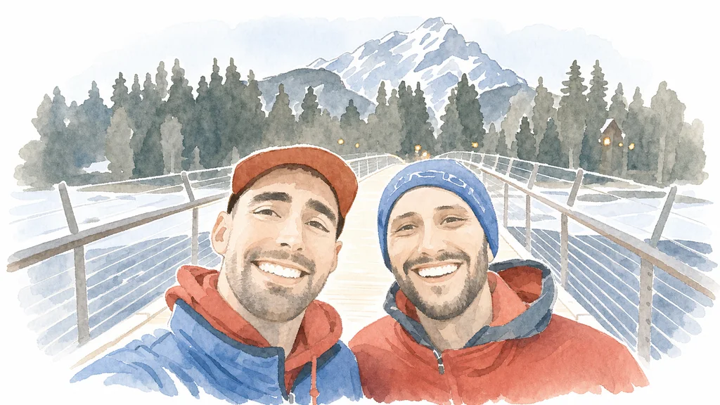 Simplified watercolor portrait of Joe and Blaine together, memory 36.
