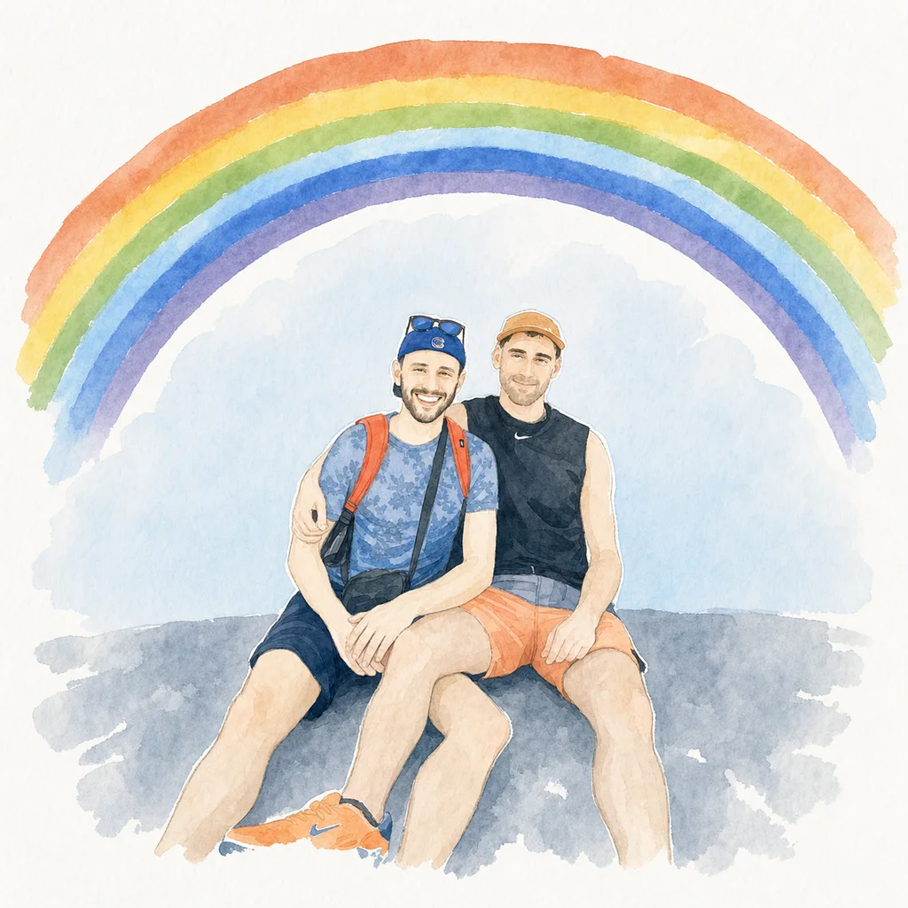Simplified watercolor portrait of Joe and Blaine together in Bondi, memory 37.